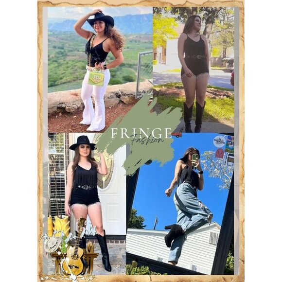 Women's Black Fringe Tank Top Western Festival Clothing Cowgirl V Neck Outfits - Picture 5 of 6